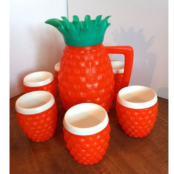 Vtg 7-Piece Minerware Pineapple Pitcher Set Blow Mold COMPLETE BUT WITH DAMAGE - Picture 2 of 8